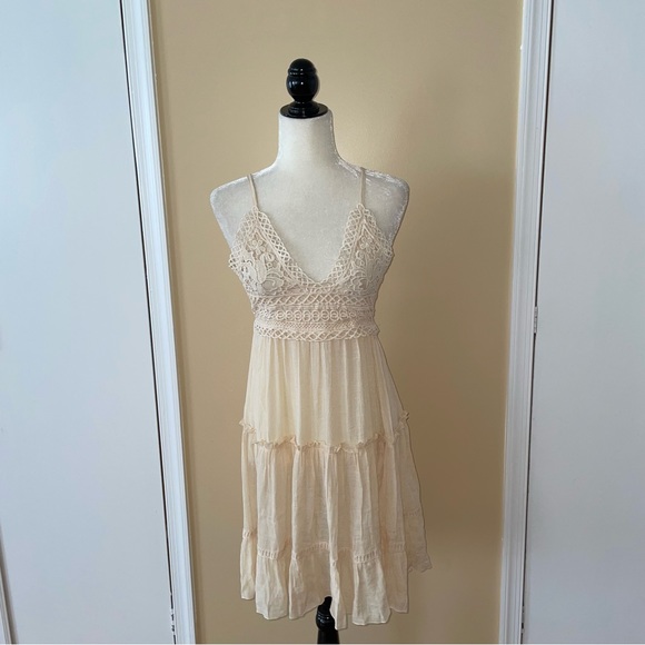 Beige Crochet Top Backless Mini Beach Coverup Dress - Picture 6 of 11